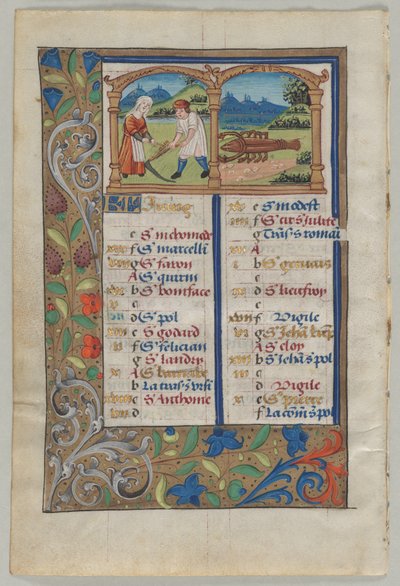 Blad uit een Getijdenboek: Kalenderpagina voor juni verso, ca. 1510 door Unbekannt