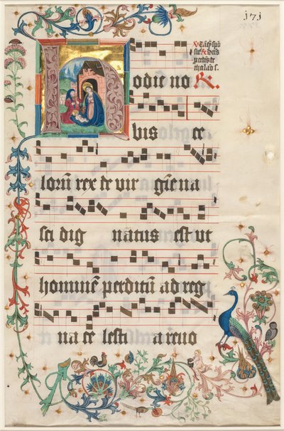 Blad uit een Antifonarium: Initiaal H met de Geboorte recto, ca. 1480 door Unbekannt