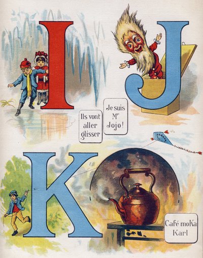 Letter I, J en K: Ze gaan glijden, ik ben meneer Jojo en het café Moka Karl. Gravure in "ABC L