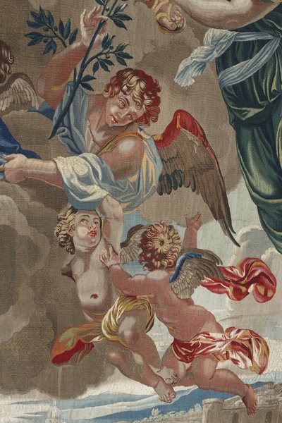Leven van de Maagd: "De Kroning van de Maagd" (Kroning van de Maagd) Detail van engelen Tapijt van wol en zijde gemaakt in de werkplaats van Pierre Damour naar tekeningen van Charles Poerson (1609-1667) door Unbekannt