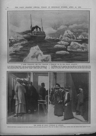 Liner in een ijsveld, en mensen die wachten op nieuws van de Titanic-ramp, 20 april 1912 door Unbekannt