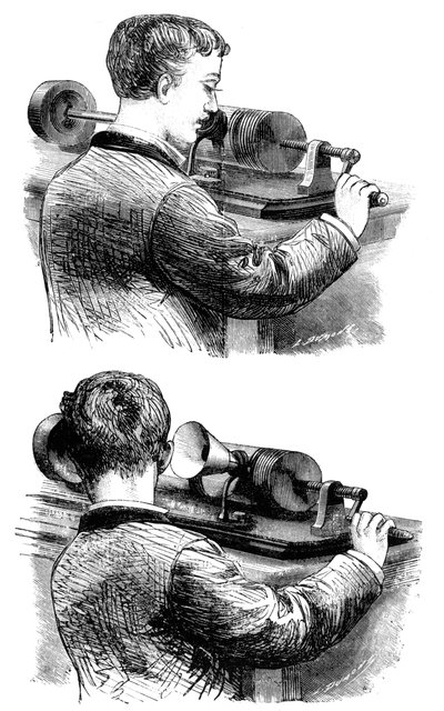 Een opname maken met, en luisteren naar, de eerste Edison Fonograaf, 1878 door Unbekannt
