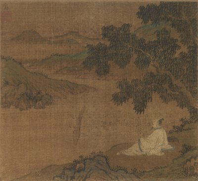 Man op een heuvel onder een boom met uitzicht op een rivier, Ming-dynastie door Unbekannt