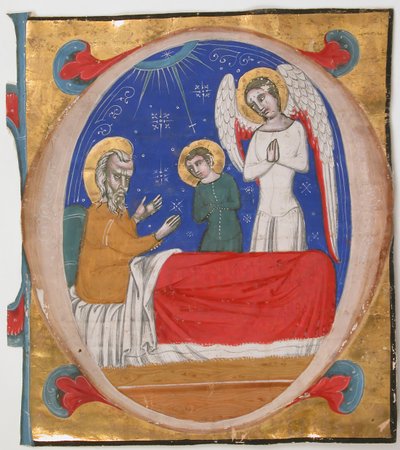 Manuscript Verlichting met Tobit, Tobias en de Aartsengel Raphael in een Initiaal O door Unbekannt