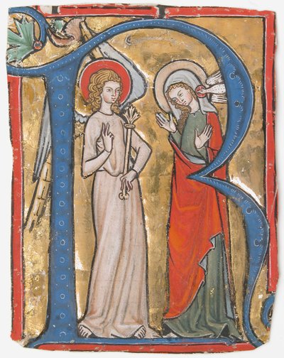Manuscriptverlichting met de Aankondiging in een Initiaal R, uit een Graduale, ca. 1300 door Unbekannt