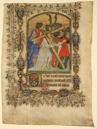 Manuscriptblad uit een getijdenboek... Verlichte initiaal D en Christus die het kruis draagt, 1390-140 door Unbekannt