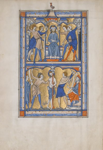 Manuscriptblad met de bespotting en geseling van Christus, uit een koninklijk psalter door Unbekannt