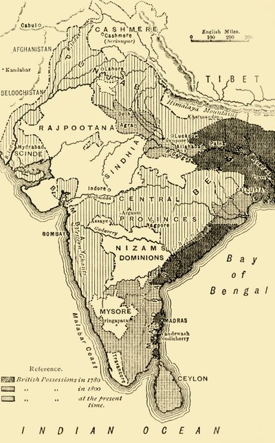 Kaart van India, met de Britse Bezittingen in 1780, 1800, en op het Huidige Tijdstip, 1890 door Unbekannt