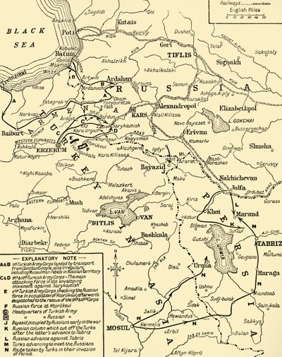 Kaart van de grens tussen Rusland en Turkije, Eerste Wereldoorlog, ca. 1920 door Unbekannt
