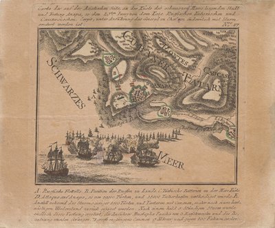 Kaart van de verovering van het zee fort Anapa door Russische troepen aan de Zwarte Zee in juni 1791, 1791 door Unbekannt