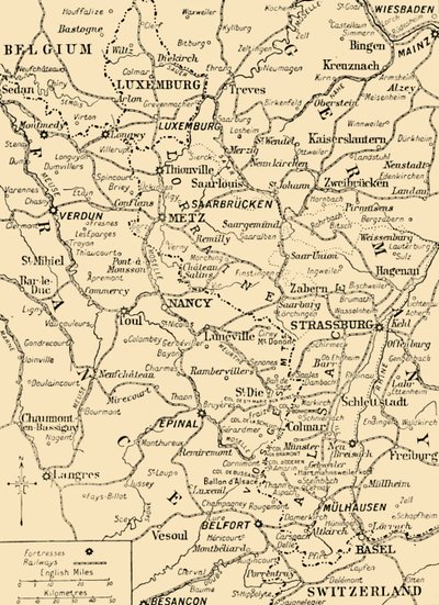 Kaart met de grens tussen Frankrijk en Duitsland, Eerste Wereldoorlog, c1915, c1920 door Unbekannt