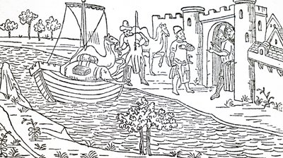Marco Polo en zijn ooms arriveren in Hormuz door Unbekannt