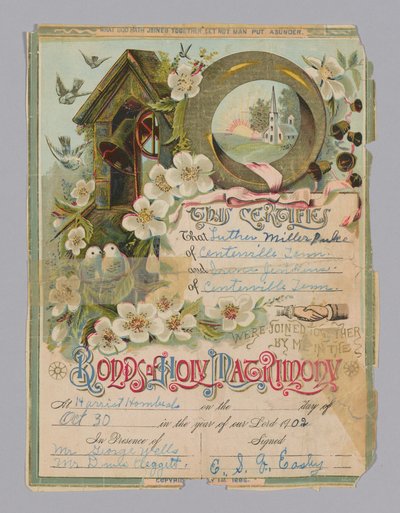 Huwelijksakte van Luther Miller Pulce en Irene Jenkins, 30 oktober 1902 door Unbekannt