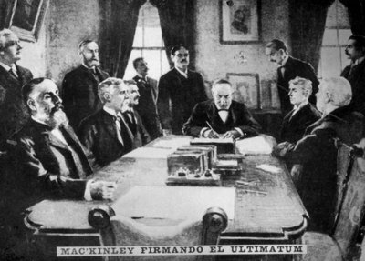 McKinley ondertekent het ultimatum, 12 april 1898, ca. 1910 door Unbekannt