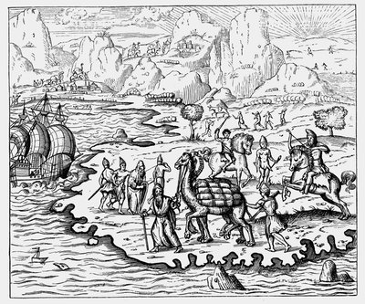 Kooplieden die goederen naar de kust en een wachtend schip vervoeren per kameel, 1575 door Unbekannt