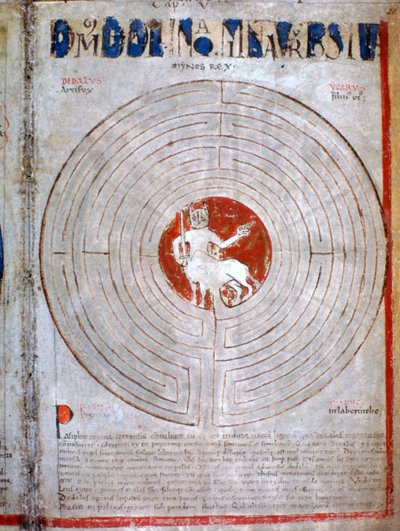 Minotaurus in een labyrint, een pagina uit Liber Floridus, 12e eeuw door Unbekannt