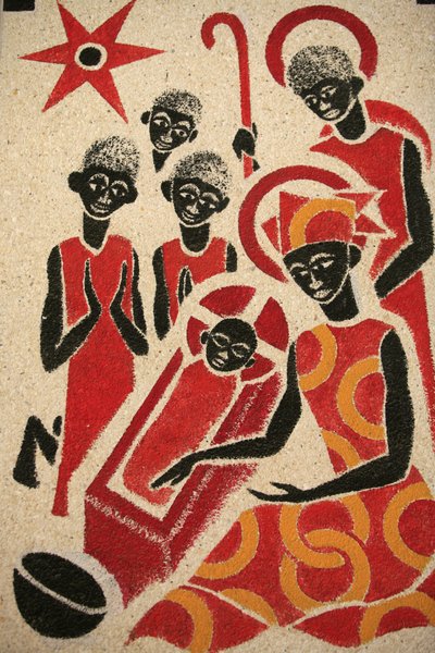 De geboorte. De fresco in de Keur Moussa abdijkerk werd ontworpen en geschilderd in 1963 door Dom Georges Saget, Keur Moussa, Senegal door Unbekannt