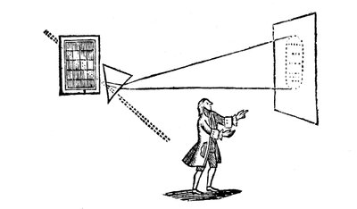 Newtons experiment waarbij wit licht wordt gesplitst in de kleuren van het spectrum door een prisma, 1757 door Unbekannt