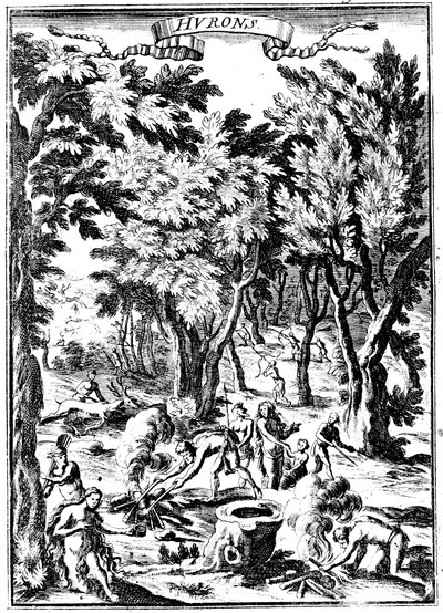 Noord-Amerikaanse Huron-indianen jagen en bereiden voedsel in het bos, 1686 door Unbekannt
