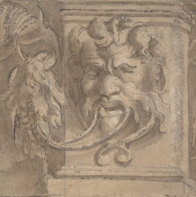 Ornamentaal ontwerp met antiek-stijl masker, 1550-1600 door Unbekannt