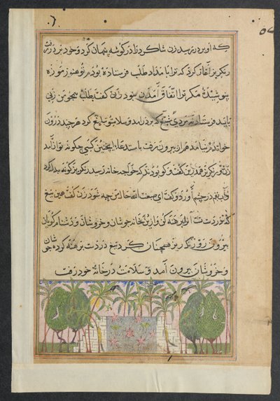 Pagina uit Verhalen van een papegaai Tuti-nama: Achtste nacht: Landschap met een lotusvijver, c. 1560 door Unbekannt