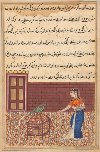 Pagina uit Verhalen van een papegaai Tuti-nama: Eenenvijftigste nacht: De papegaai spreekt Khujasta toe..., ca. 156 door Unbekannt