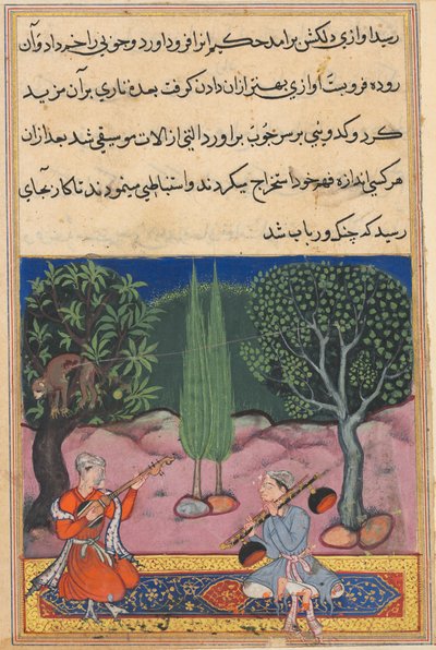 Pagina uit Verhalen van een papegaai Tuti-nama: Veertiende nacht: De uitvinding van muziek..., ca. 1560 door Unbekannt