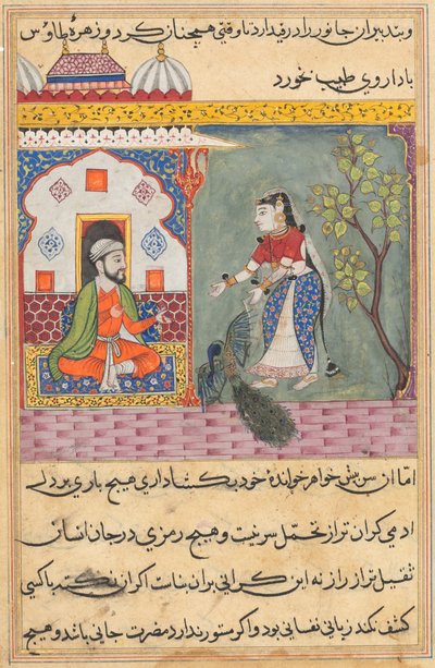 Pagina uit Verhalen van een papegaai Tuti-nama: Negentiende nacht: De vrouw van de Brahmaan, ca. 1560 door Unbekannt