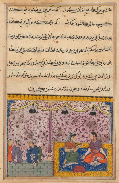 Pagina uit Verhalen van een Papegaai Tuti-nama: Drieëntwintigste nacht: De dochter van de koopman..., ca. 1560 door Unbekannt