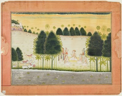 Pagina uit een Bhagavata Purana: Nanda en de oudsten in overleg met de gopas, ca. 1690-1700 door Unbekannt