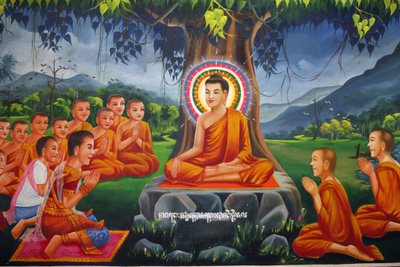Schilderij dat Boeddha onder een boom onderwijst, met koning Bimbisara in Rajagaha, Udong, Cambodja door Unbekannt