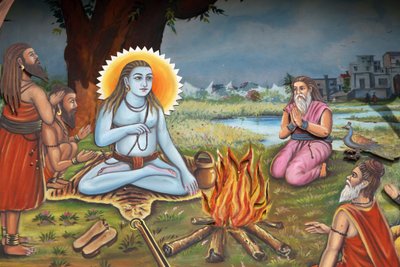 Schilderij van een heilige man (zittend op een tijgervel zoals Shiva) omringd door volgelingen Haridwar India door Unbekannt