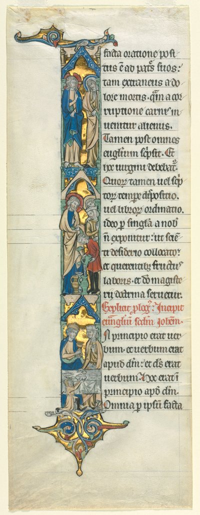 Gedeeltelijk Blad uit een Latijnse Bijbel: Initiaal I[n principio] met de Bruiloft te Kana, c. 1260-1270 door Unbekannt