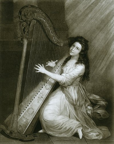 Pedalenharp met haakactie, gekleurde gravure uit het einde van de achttiende eeuw, 1948 door Unbekannt
