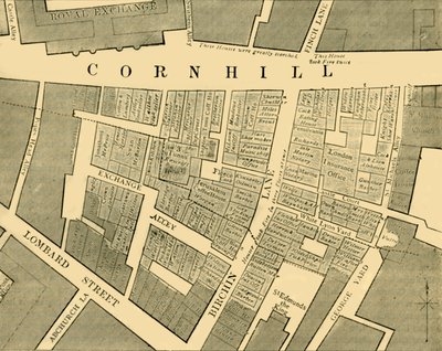 Plan dat de omvang van de grote brand in Cornhill in 1748 toont, ca. 1872 door Unbekannt