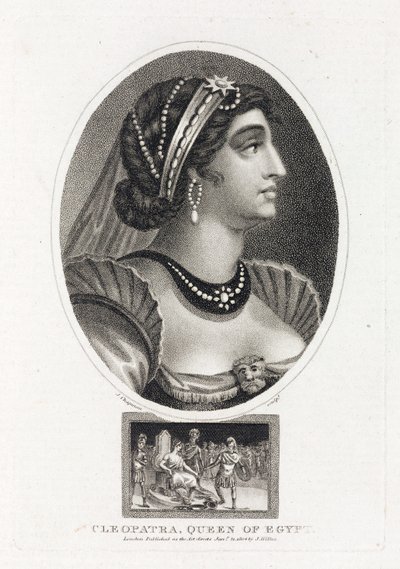 Portret van Cleopatra (Thea Philopator, 69-30 v.Chr.), met een scène die haar troonsbestijging in Egypte beschrijft, omringd door Romeinse legionairs door Unbekannt