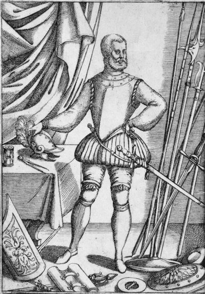 Portret van Giacomo Di Grassi, met wapens die hij zijn leerlingen leerde gebruiken, 1575, 1936 door Unbekannt