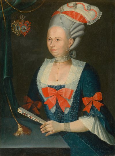 Portret van een vrouw met een pruik en een waaier door Unbekannt