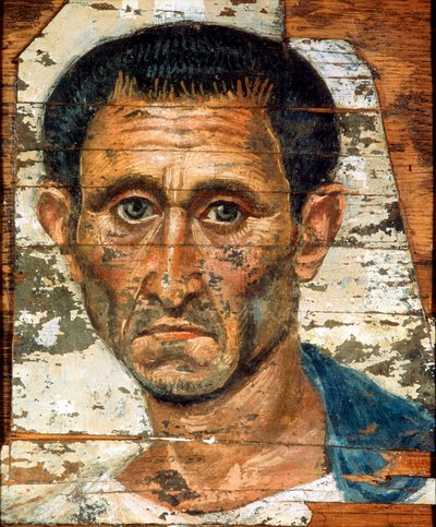 Portret van een middelbare man in een blauwe mantel, Romeins-Egyptisch mummieportret, laat 1e eeuw door Unbekannt