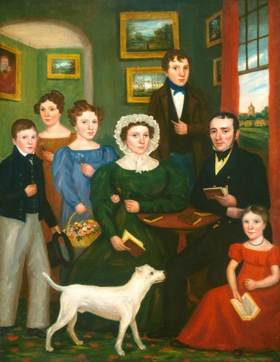 Portret van een onbekende familie met een terriër, ca. 1825-1835 door Unbekannt