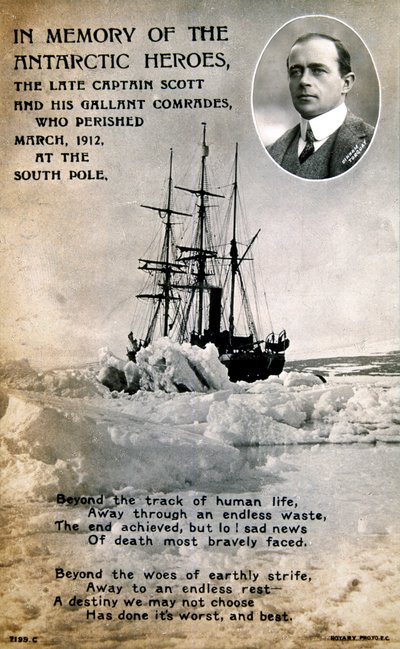 Ansichtkaart ter herdenking van de noodlottige expeditie van kapitein Scott naar de Zuidpool, ca. 1912 door Unbekannt