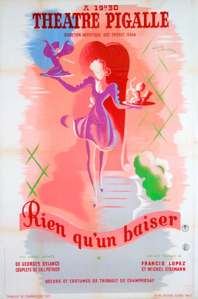 Poster voor Just a Kiss, in het Théâtre Pigalle, Parijs, 20e eeuw door Unbekannt