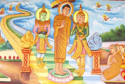 Preah Prom Rath Klooster, Leven van de Boeddha, Boeddha bezoekt de hemel en ontmoet de goden Indra en Brahma, Siem Reap, Cambodja door Unbekannt