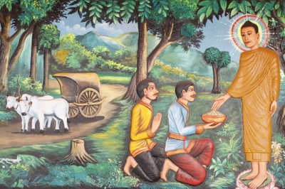 Preah Prom Rath Klooster, Leven van de Boeddha, Siddhartha Gautama ontving voedsel van twee Brahmanen, Siem Reap, Cambodja door Unbekannt