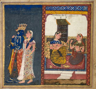 Radha en Krishna omhelzen elkaar, blad uit een Gita Govinda door Unbekannt