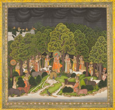 Radha en Krishna ontmoeten elkaar in het bos tijdens een storm, ca. 1770 door Unbekannt