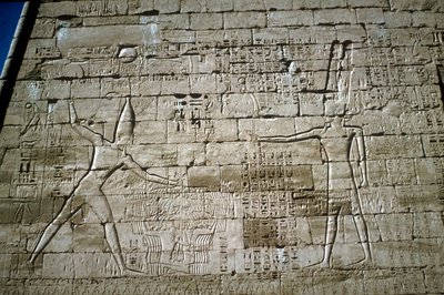 Reliëf van Ramses III die vijanden verslaat, Dodentempel van Ramses III, Medinat Habu door Unbekannt