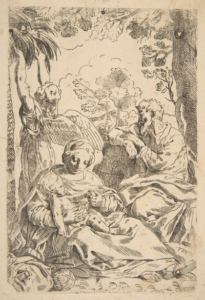 Rust in Egypte, Heilige Familie zittend terwijl een engel aan boomtakken trekt, ca. 1637-1639 of later door Unbekannt