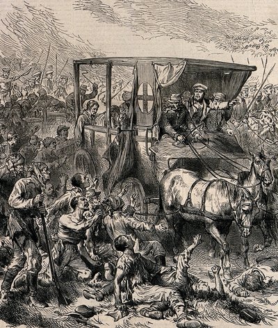 Het redden van gewonde Russische soldaten van het slagveld, ca 1878 door Unbekannt