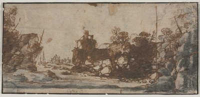 Rotsachtige Inham met Boten en Gebouwen (recto), Schetsen van Kastelen (verso) door Unbekannt